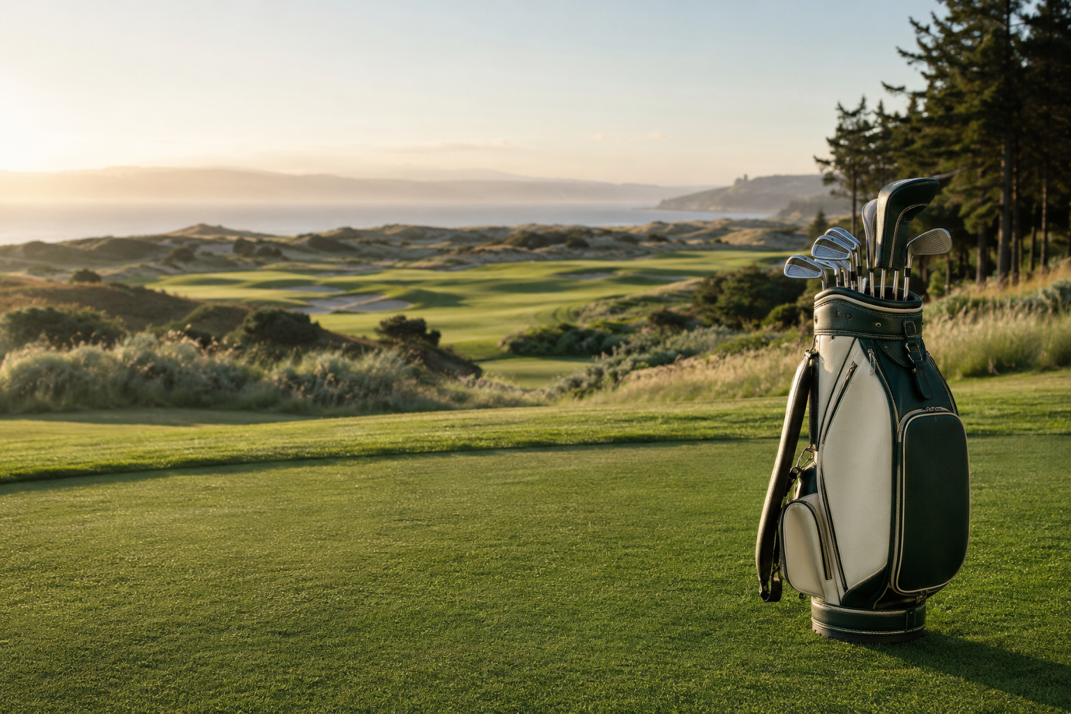 A cream and green golf bag on a sunlit links course